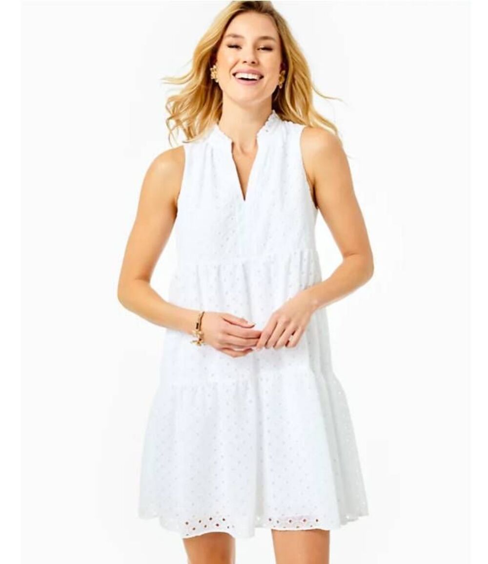 LILLY PULITZER NOVELLA MINI MEDALLION RESORT WHITE EYELET SWING DRESS LARGE BOHO